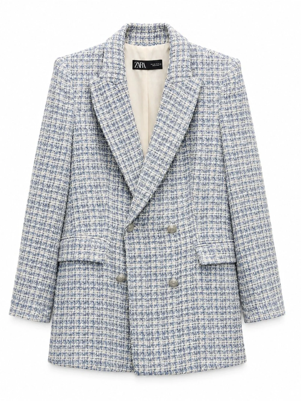 Zara Blue White Tweed Double Breasted Blazer Bouclé Jacket Size S